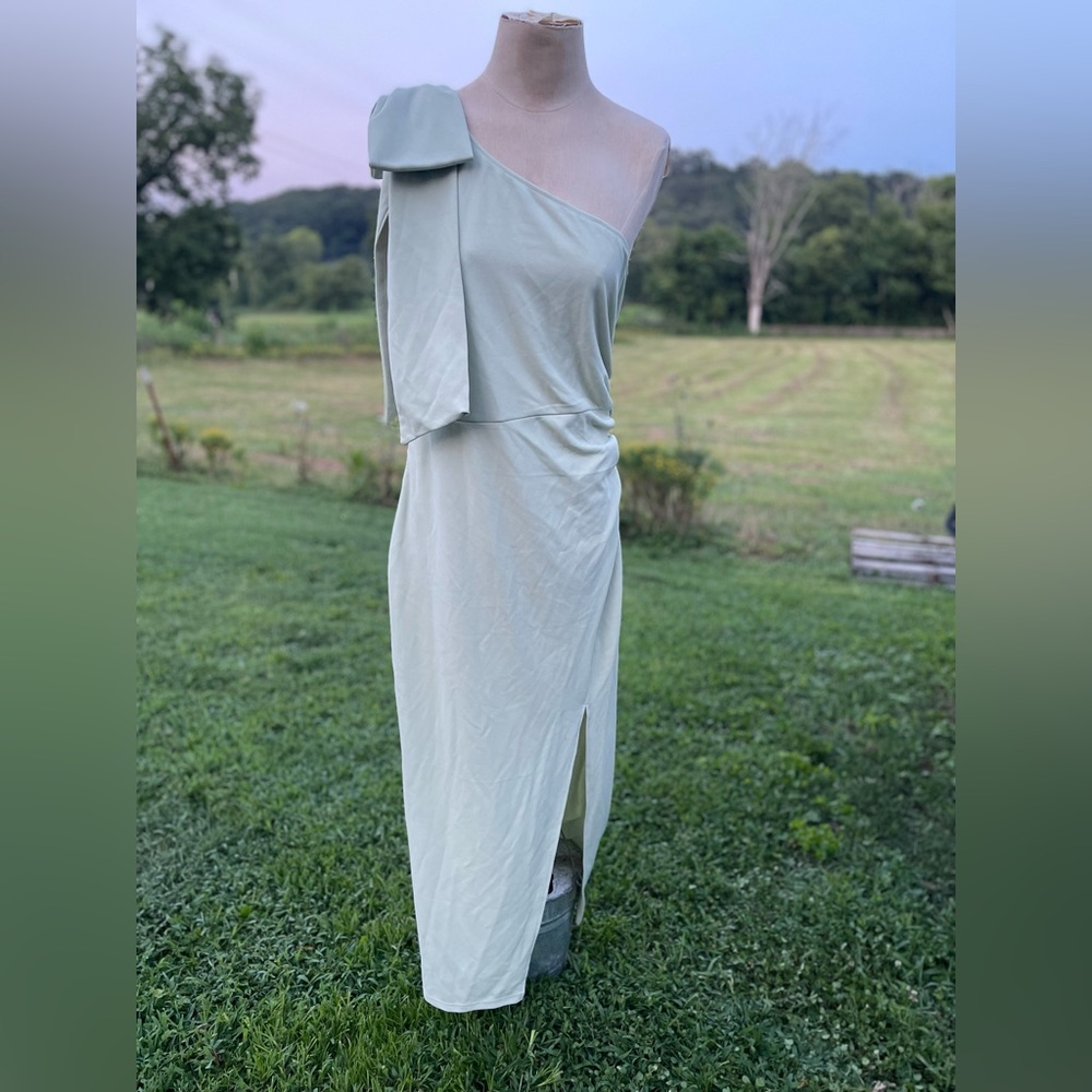 Pretty garden formal one shoulder long no sleeve light sage green new with tags